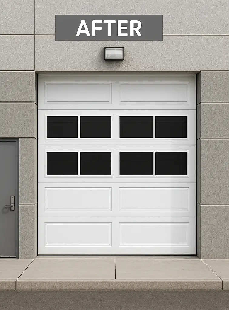 Newly installed  garage door with clean finish