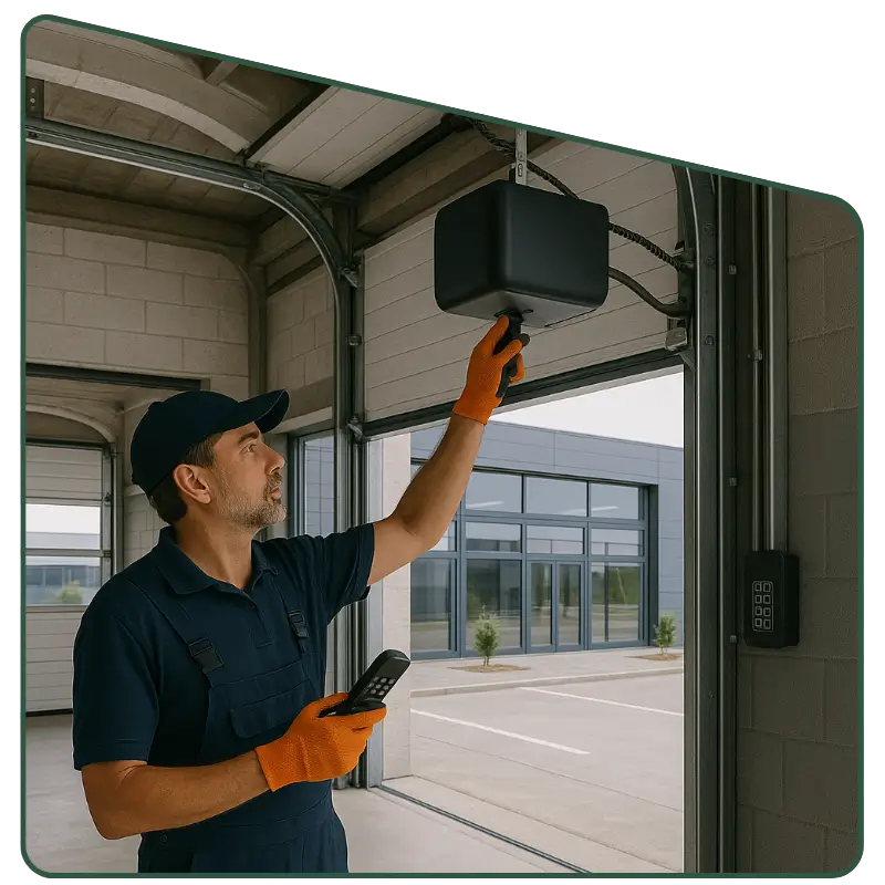  A middle-aged technician in navy blue uniform and orange gloves installs and inspects a modern commercial garage door opener and access control system in a large, bright industrial warehouse.
