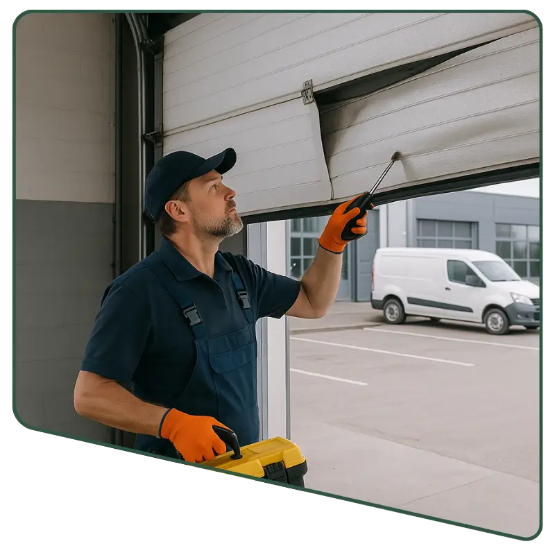  A middle-aged technician wearing navy work attire and bright orange gloves fixes a misaligned commercial garage door in an industrial setting, with a white van and modern building visible outside. 