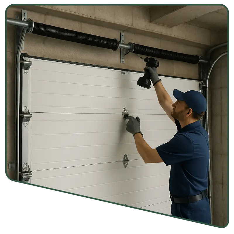 Technician adjusting a white sectional garage door torsion spring in a commercial setting