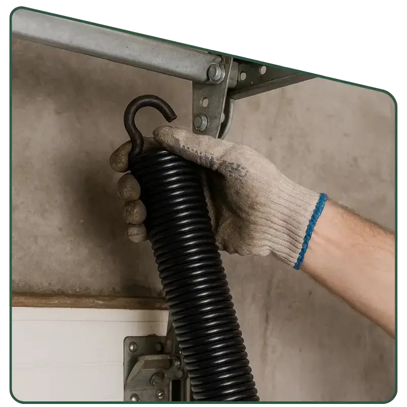 Technician adjusting the pulley system of a residential garage door with a wrench