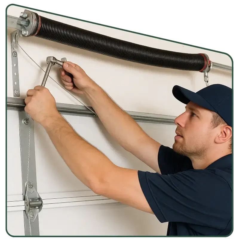 Technician performing emergency garage door spring repair and scheduled maintenance on a white sectional door