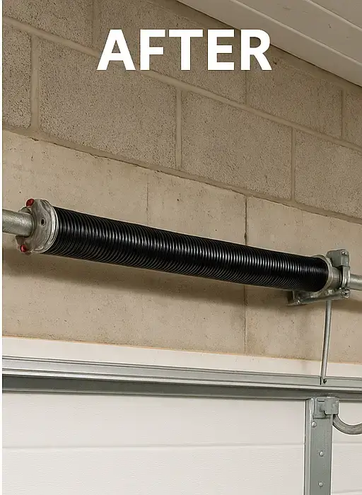 Newly installed white garage door spring with clean finish