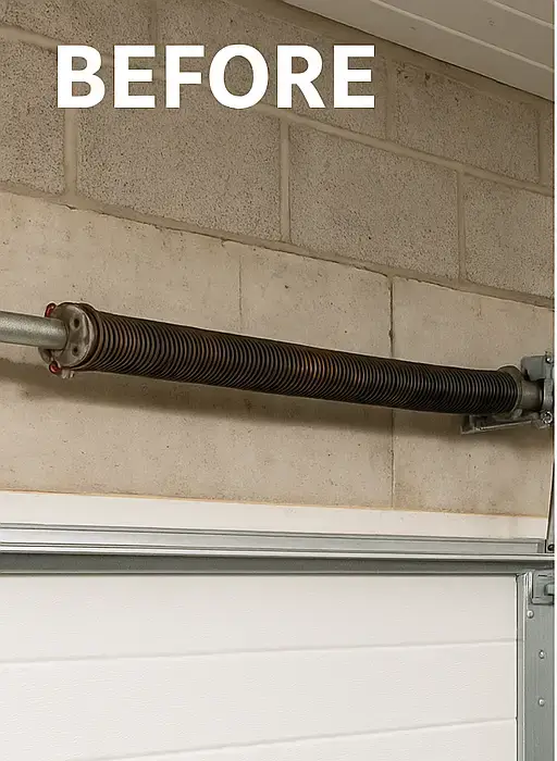Damaged white garage door spring with bent bottom panels