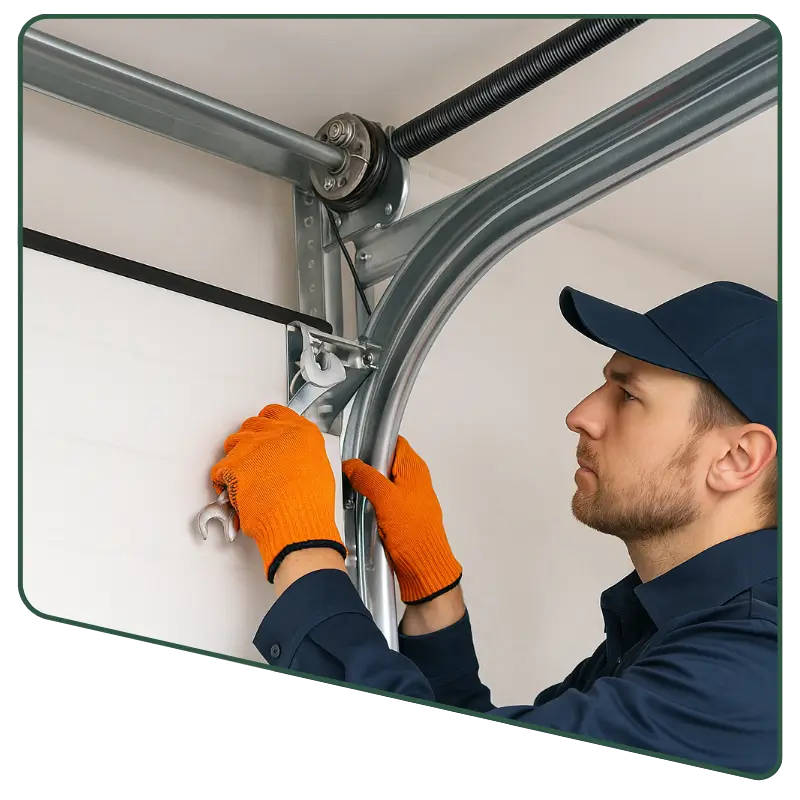 A focused technician in a navy cap and orange gloves uses a wrench to repair and adjust a commercial garage door track system, with detailed view of the torsion spring and steel components.