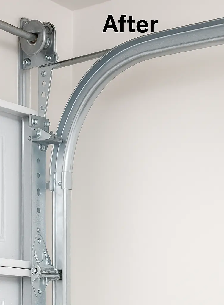 A close-up view of a clean, restored garage door track system, with smooth, shiny metal surfaces, neatly installed bolts, and well-maintained components.
