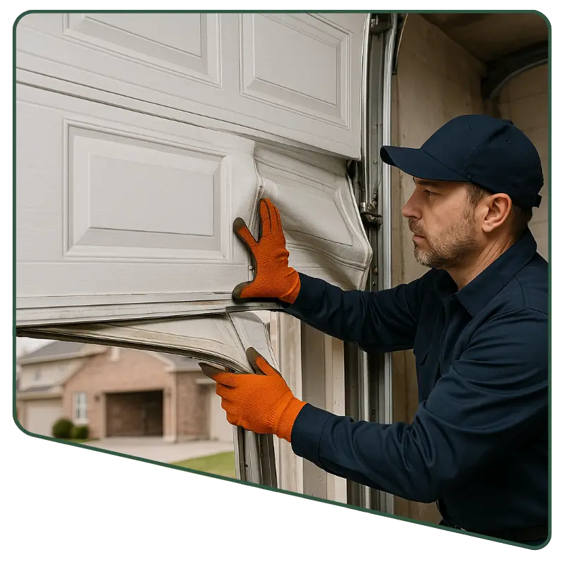  A technician wearing a navy uniform and bright orange gloves repairs a garage door that has come off its track. The technician is carefully aligning the bent section, with the garage door partially lifted and a residential street visible in the background. 
