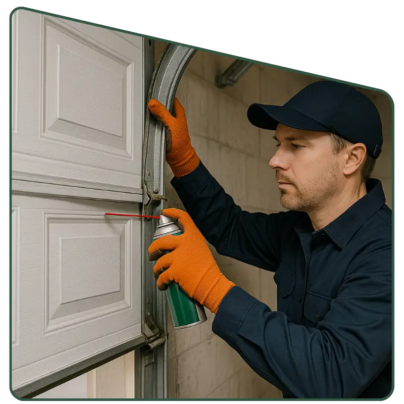 A focused maintenance worker in a navy uniform and orange gloves applies lubricant to a commercial garage door’s metal track using a green can, ensuring smooth operation and preventing rust.